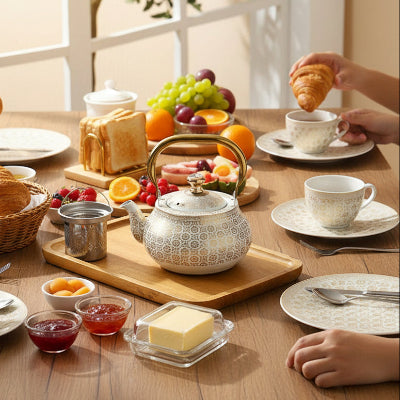bouilloire et theiere utilise en famille au petit dejeuner