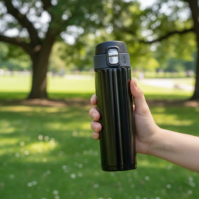 bouteille isotherme 500ml noire tenue par une femme au parc