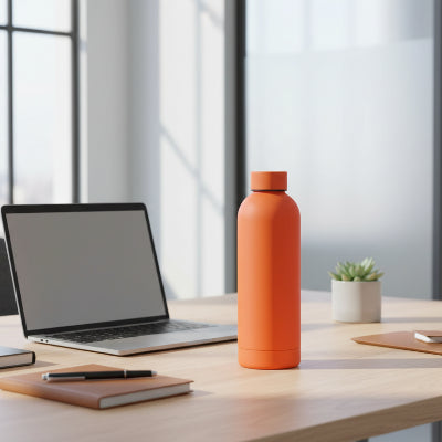 bouteille isotherme orange sur table bureau