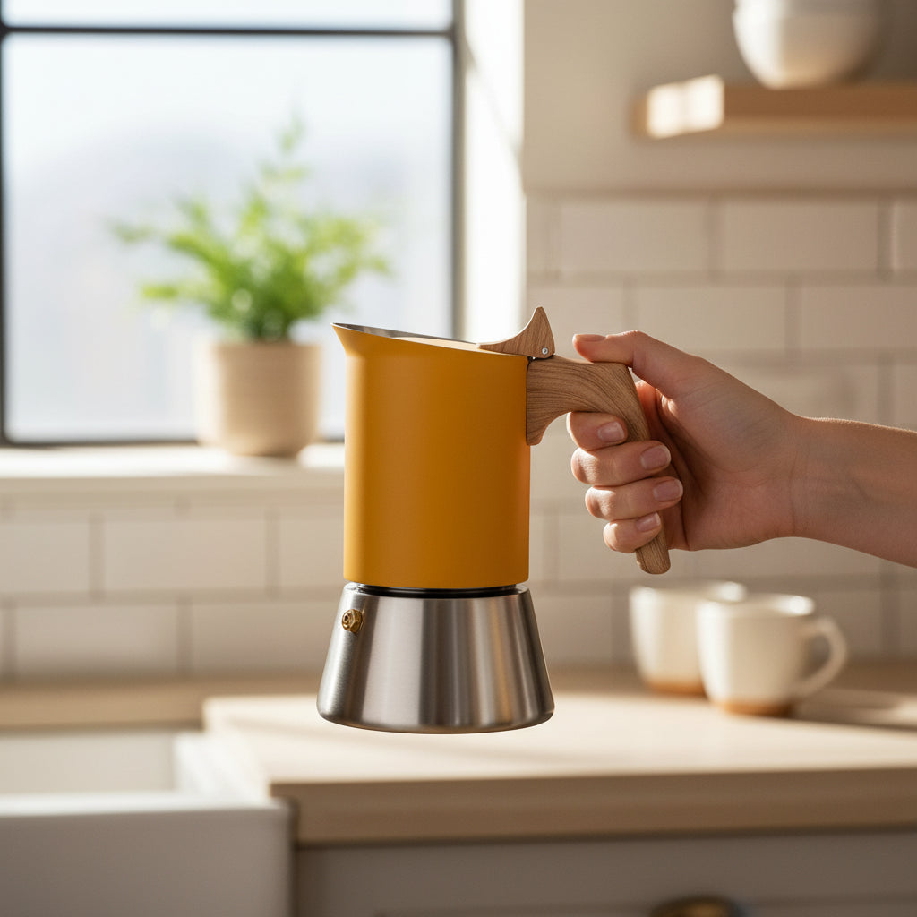 cafetiere italienne 6 tasses tenue par femme en cuisine