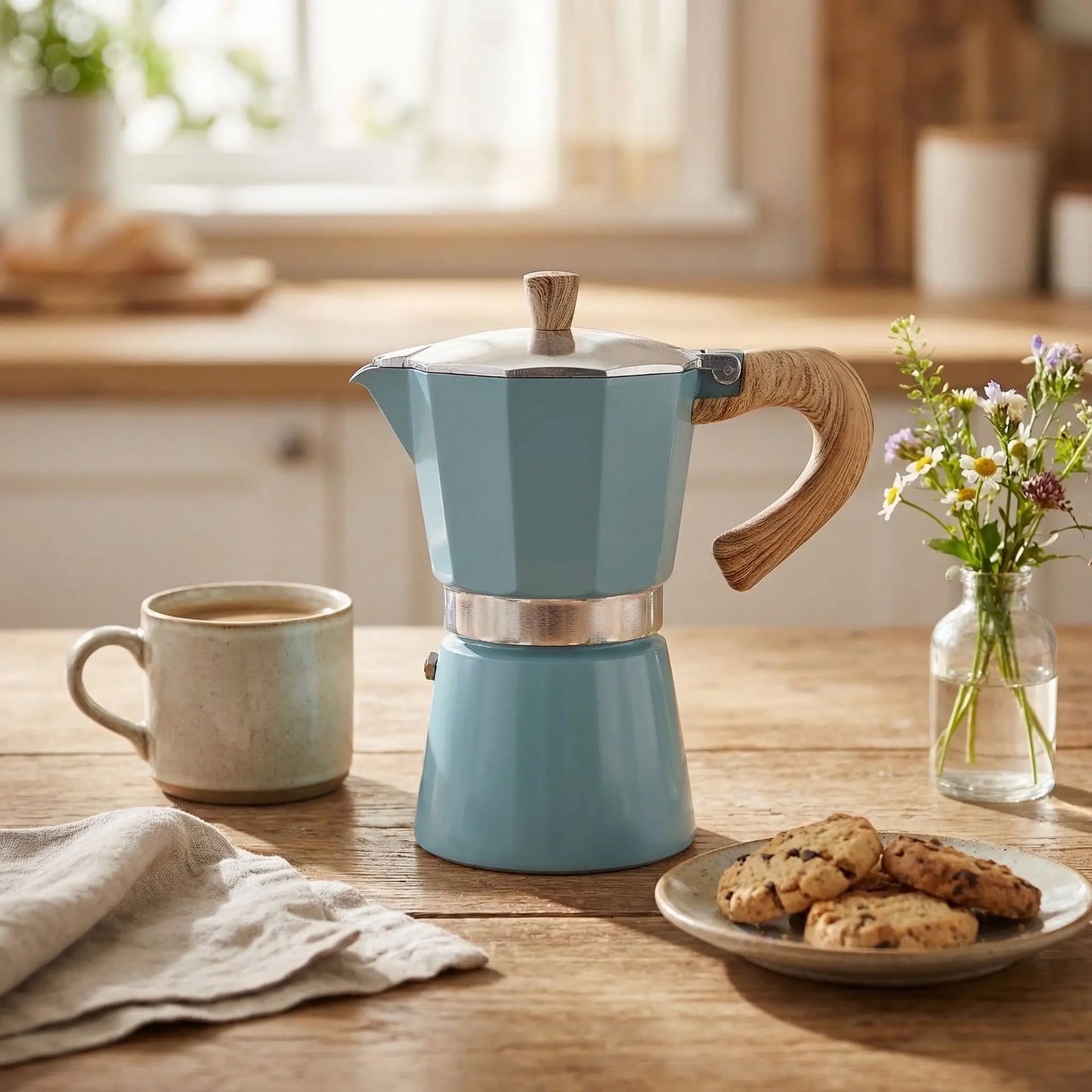 cafetiere italienne moka sur table bois tasse cafe cookies a cote pres pour gouter