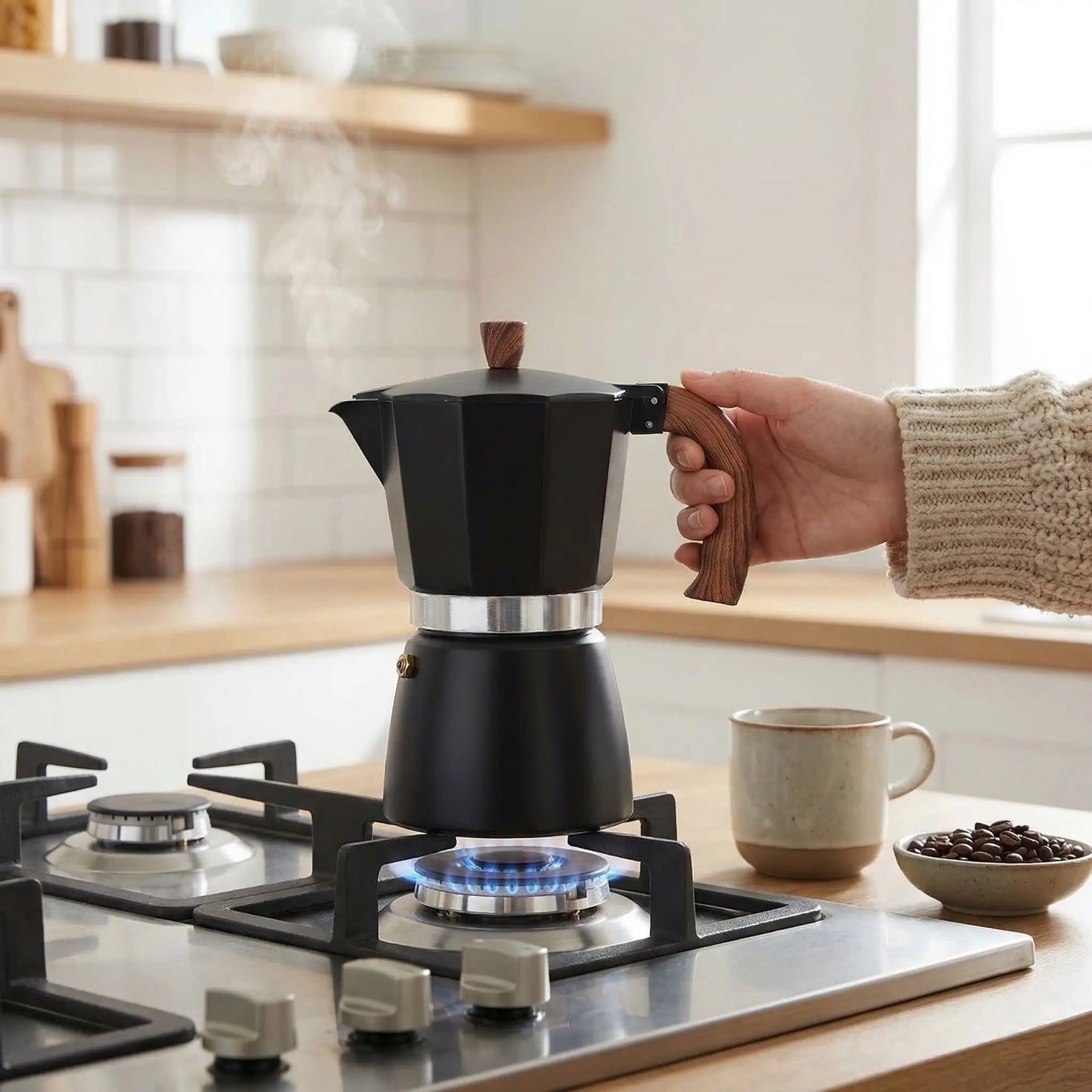 cafetière italienne sur gaziniere personne preparant son cafe