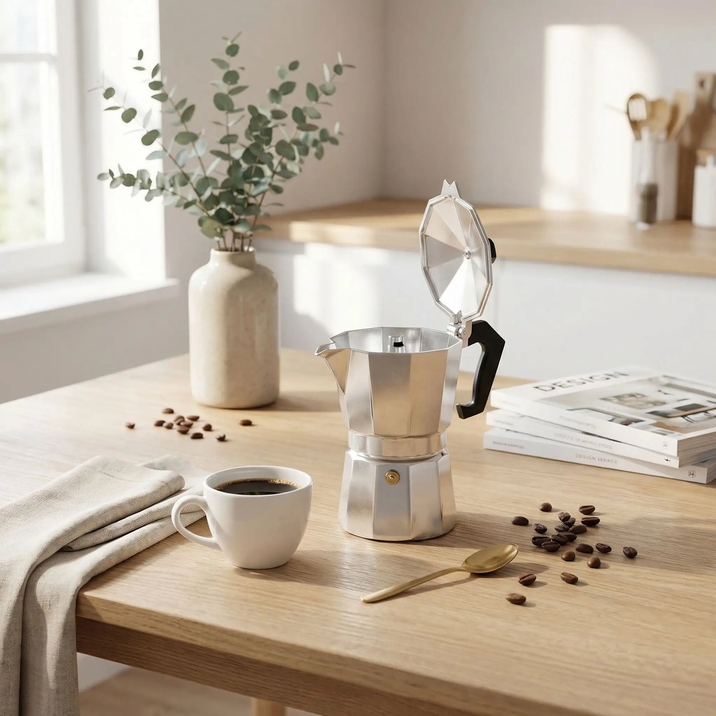 cafetiere italienne sur table en cuisine tasse cafe grain cuillere pot fleur livre et serviette en decor