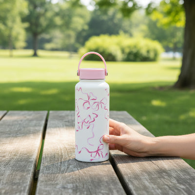 gourde 1l isotherme fleurie rose motif pastel sur table au parc