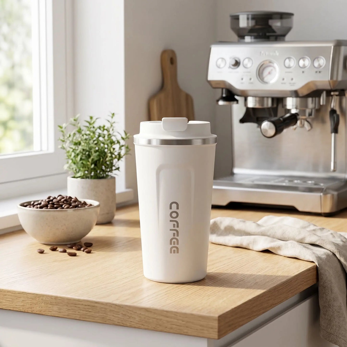 mug isotherme blanc sur table bois grain café machine café en décor