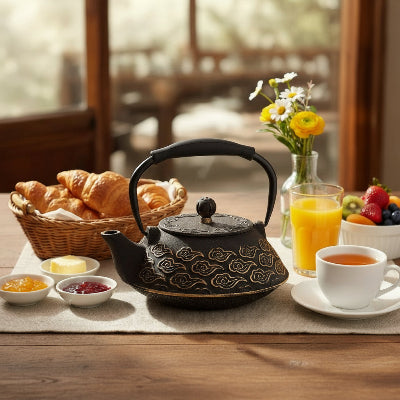theiere fonte japonaise sur table petit dejeuner croissant