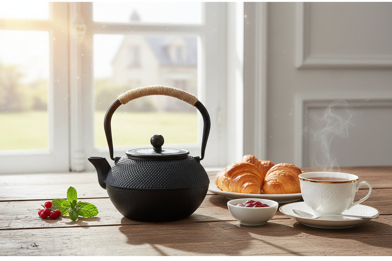 theiere fonte sur tabe bois viennoiserie confiture et tasse the a cote