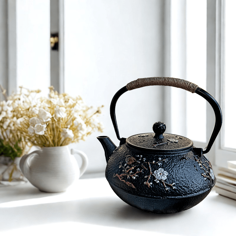 theiere japonais sur table avec pot de fleur blanc