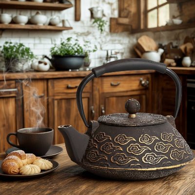 theiere fonte japonaise sur table cuisine en bois tasse fumante gouter a cote