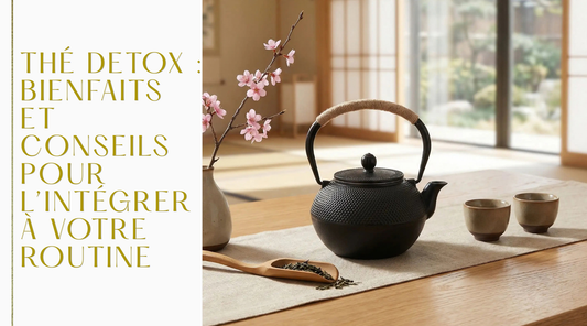 Thé Detox utilisé avec théière en fonte pot fleur et tasse en décor