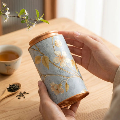 boite à thé bleu grand model tenue par une femme tasse et cuillière en décor