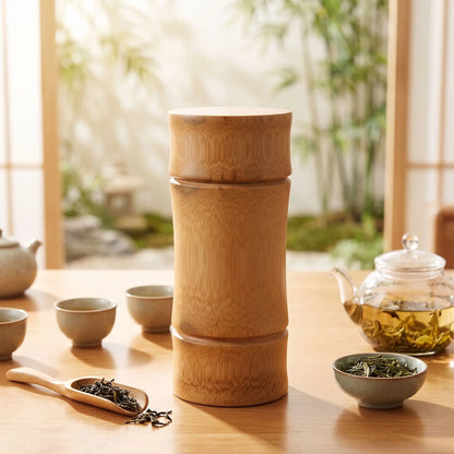 boite a the en bois bambou sur table avec service thé traditionnel