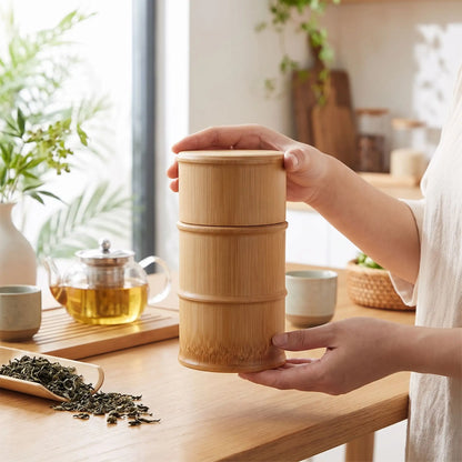boite a the en bois tenue par une femme en cuisine