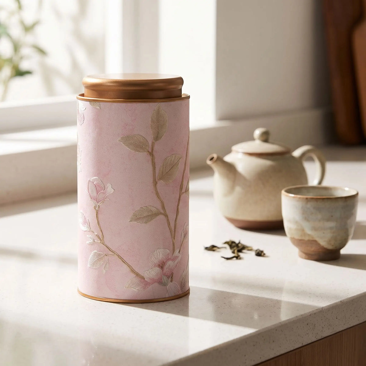 boite à thé grand model rose sur comptoire cuisine théière tasse thé à coté