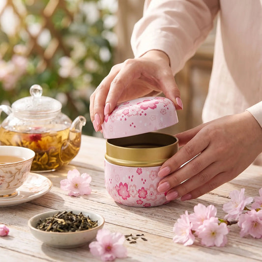 boite a the japonnaise utilise par une femme fleur thé en décor