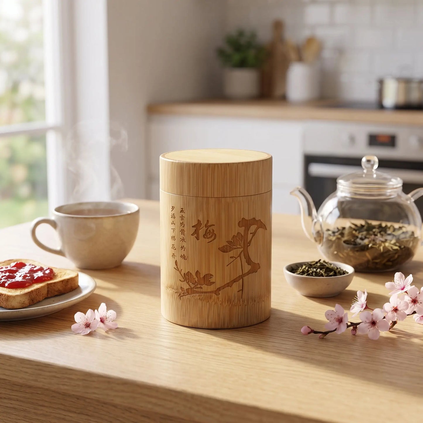 boite a the original bambou sur table bois théière tasse collation à coté