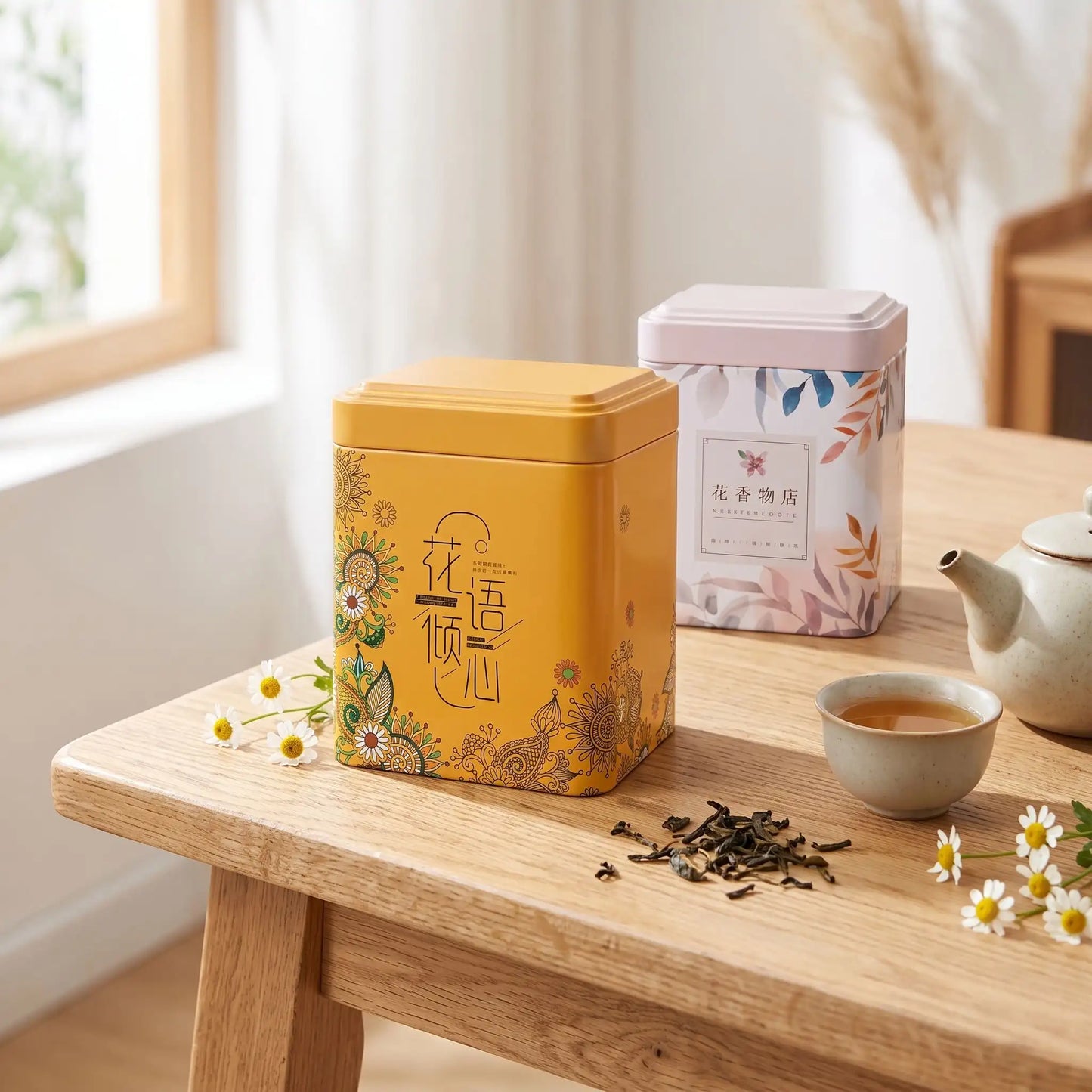 boite pour le the jaune motif et blanc fleuri sur table fleur et thé en décor