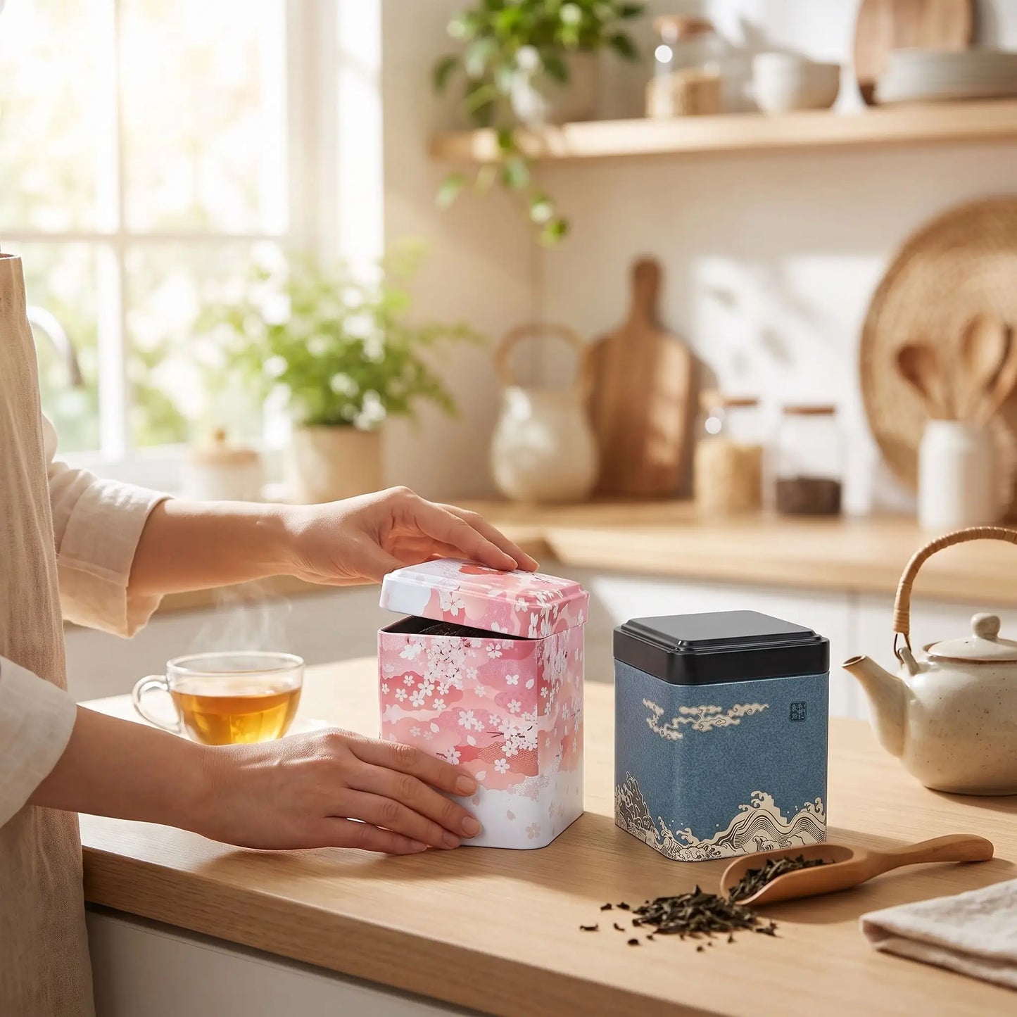 boite pour le the rose et bleu encuisine utilise par une femme