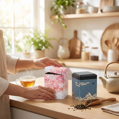 boite pour le the rose et bleu encuisine utilise par une femme