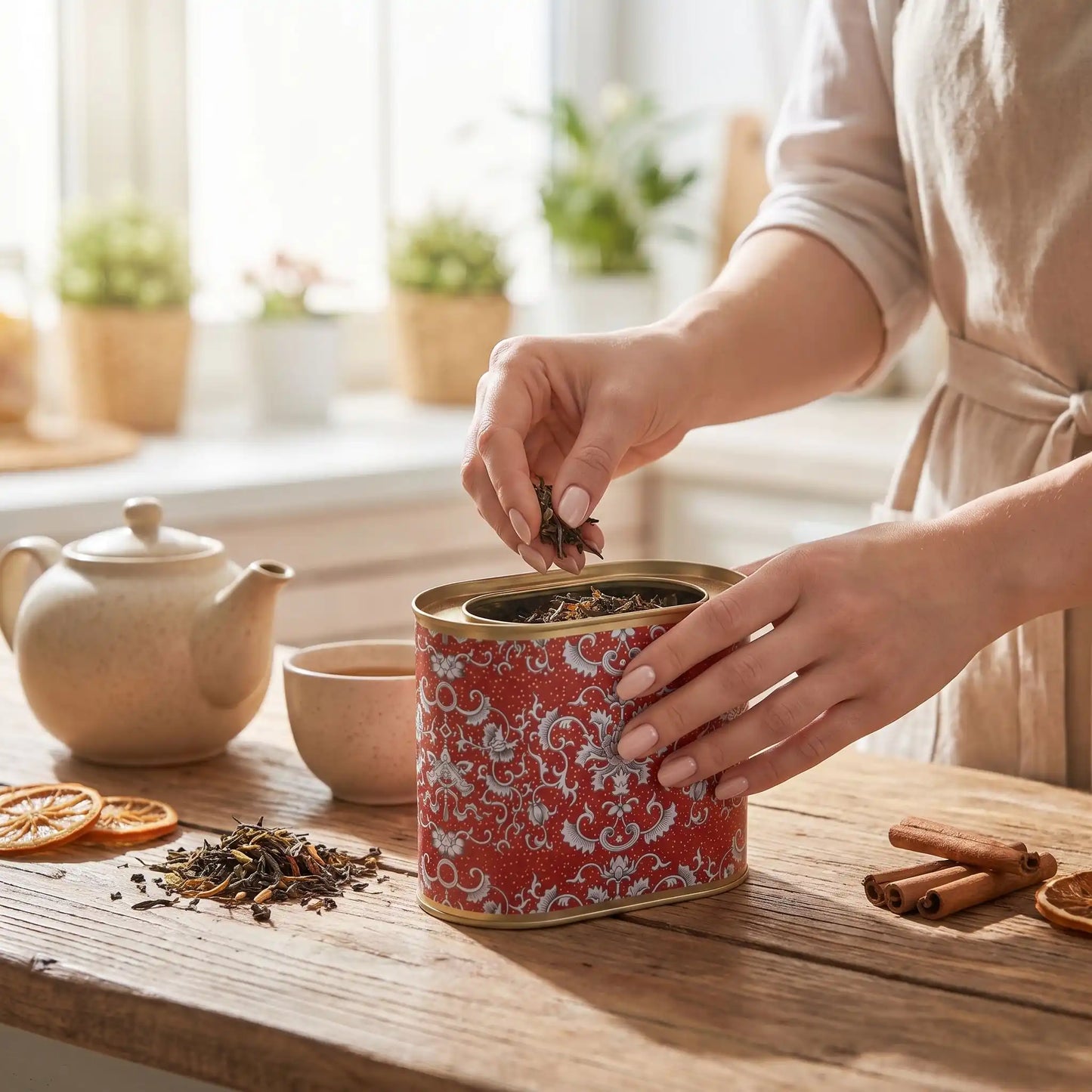 boites à thé rouge motif en cuisine femme préparant son thé