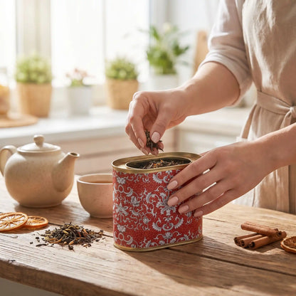 boites à thé rouge motif en cuisine femme préparant son thé