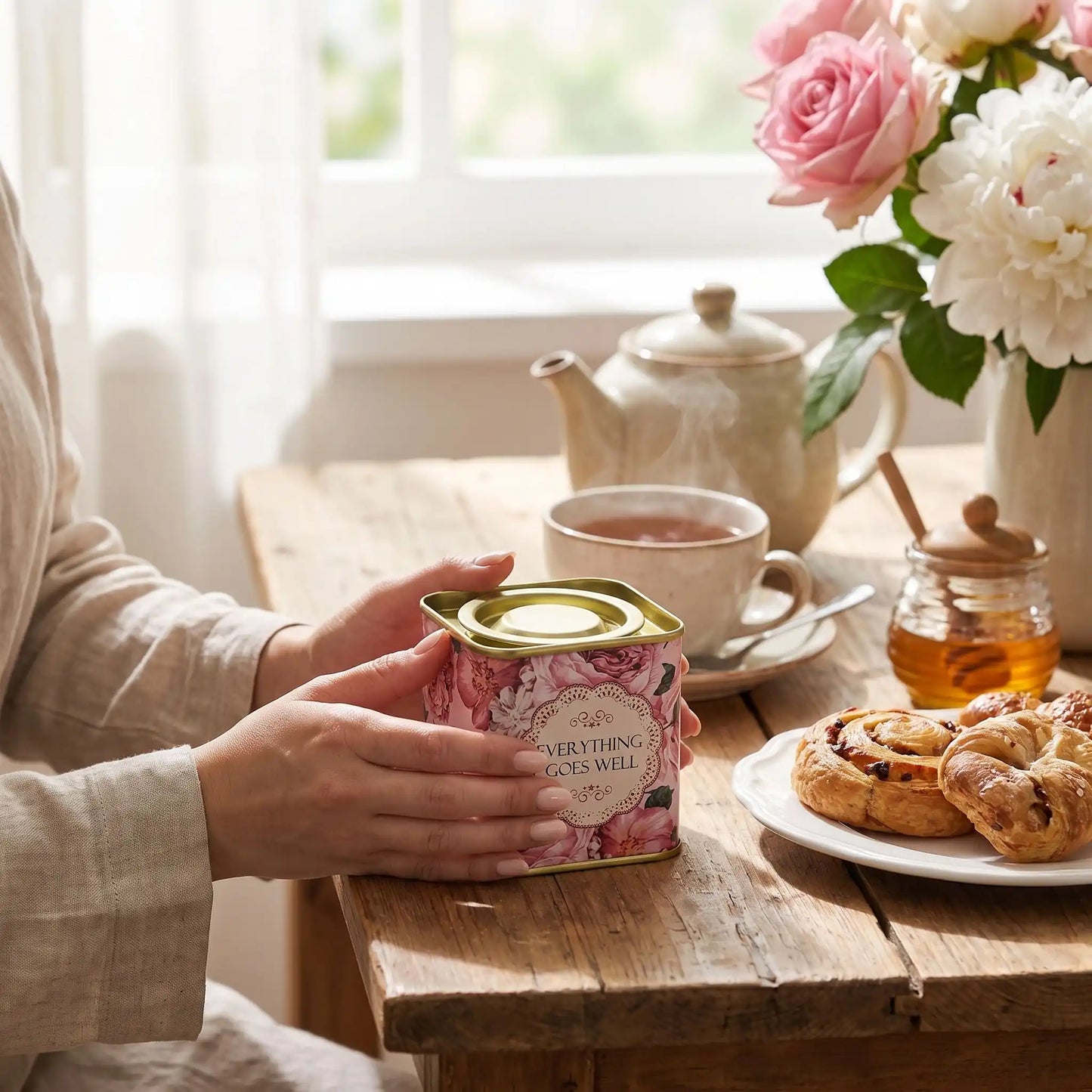 boites a thes utilise au petit dejeuner par une femme