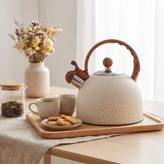 bouilloire beige sur plateau bois avec tasse thé biscuit pot fleur et bocal thé en décor