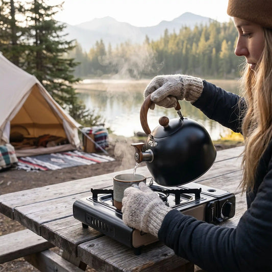 bouilloire noire utilise par une femme au camping