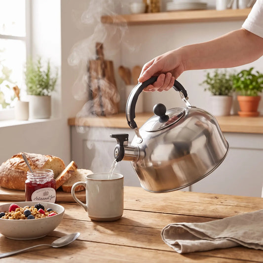 bouilloire pas cher itulise par une personne pour faire son petit déjeuner