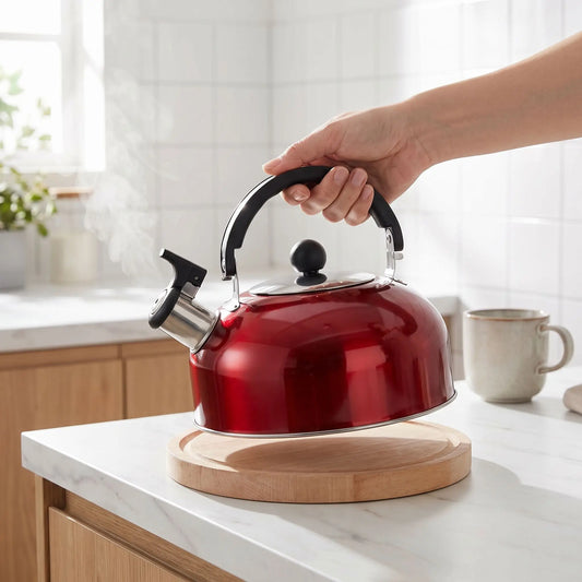 bouilloire rouge tenue par une personne plateau bois tasse en décor