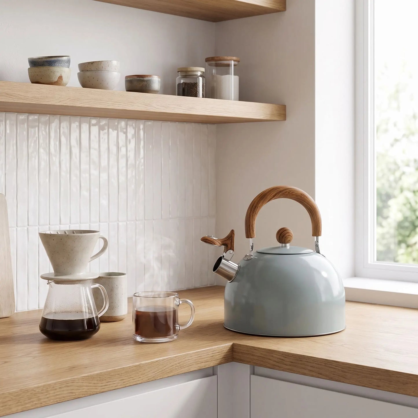 bouilloire verte sur comptoir cuisine tasse fumante à coté