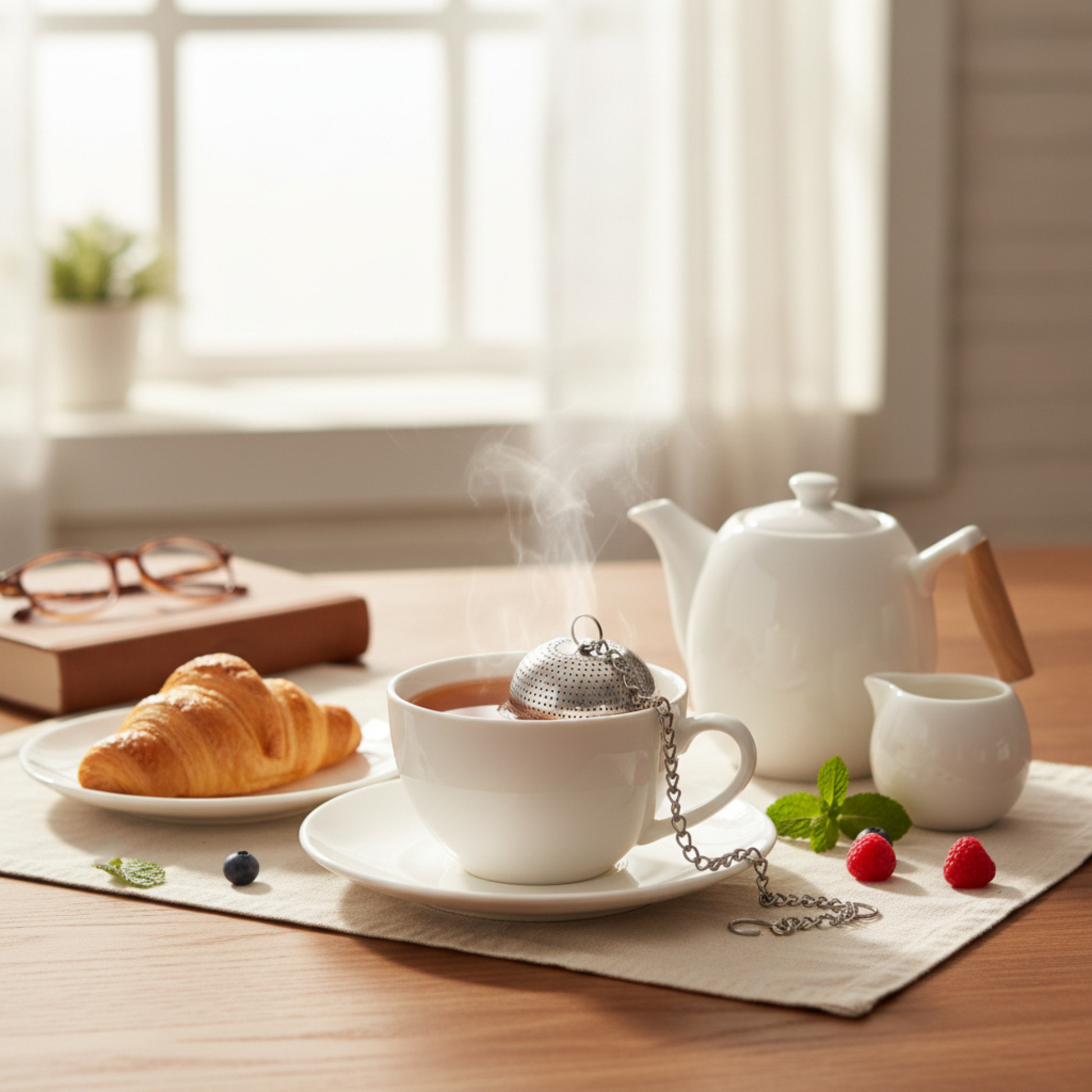 boule a the au petit dejeuner theiere tasse thé croissant fruits rouge