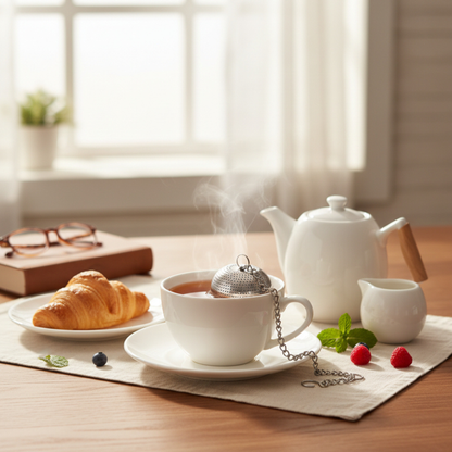 boule a the au petit dejeuner theiere tasse thé croissant fruits rouge