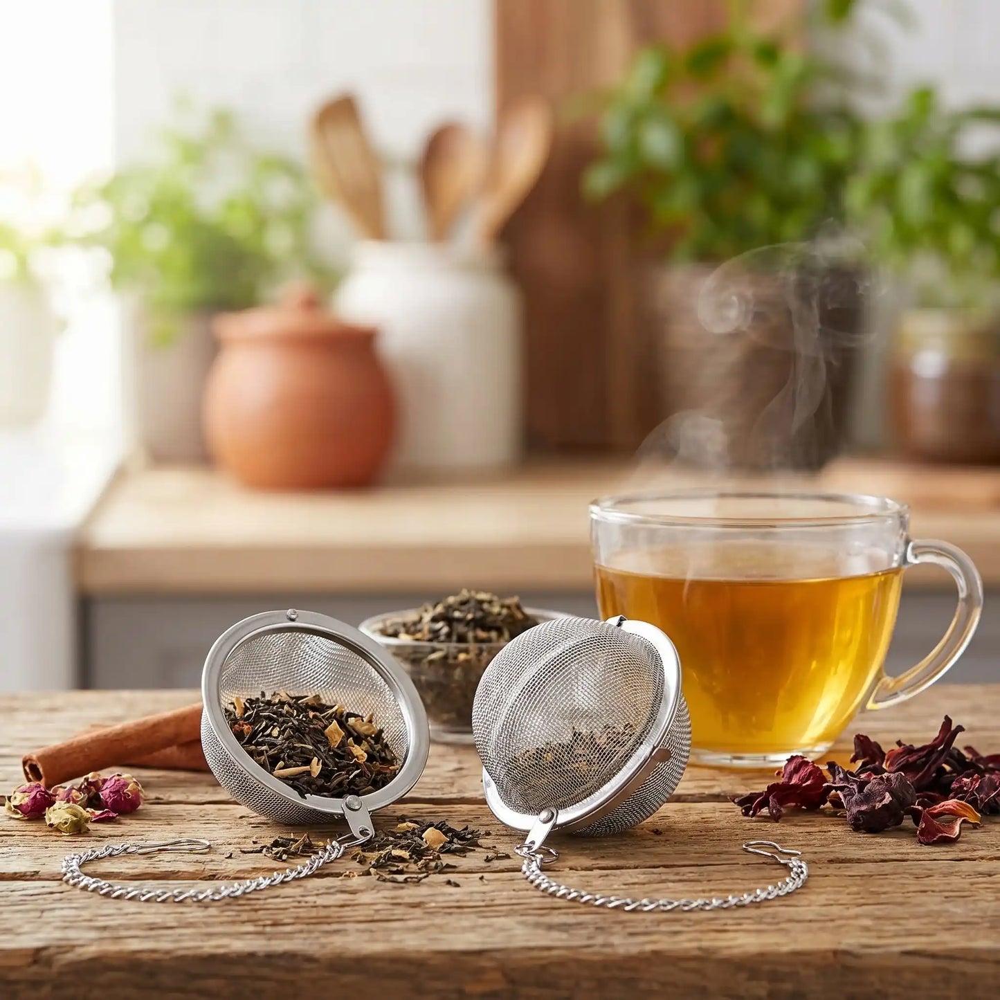 boule à thé ouverte remplit de thé sec une autre fermée tasse thé à coté en cuisine