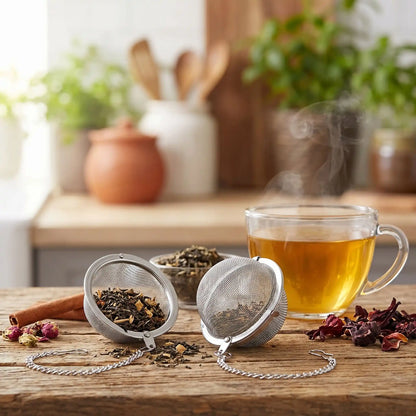 boule à thé ouverte remplit de thé sec une autre fermée tasse thé à coté en cuisine
