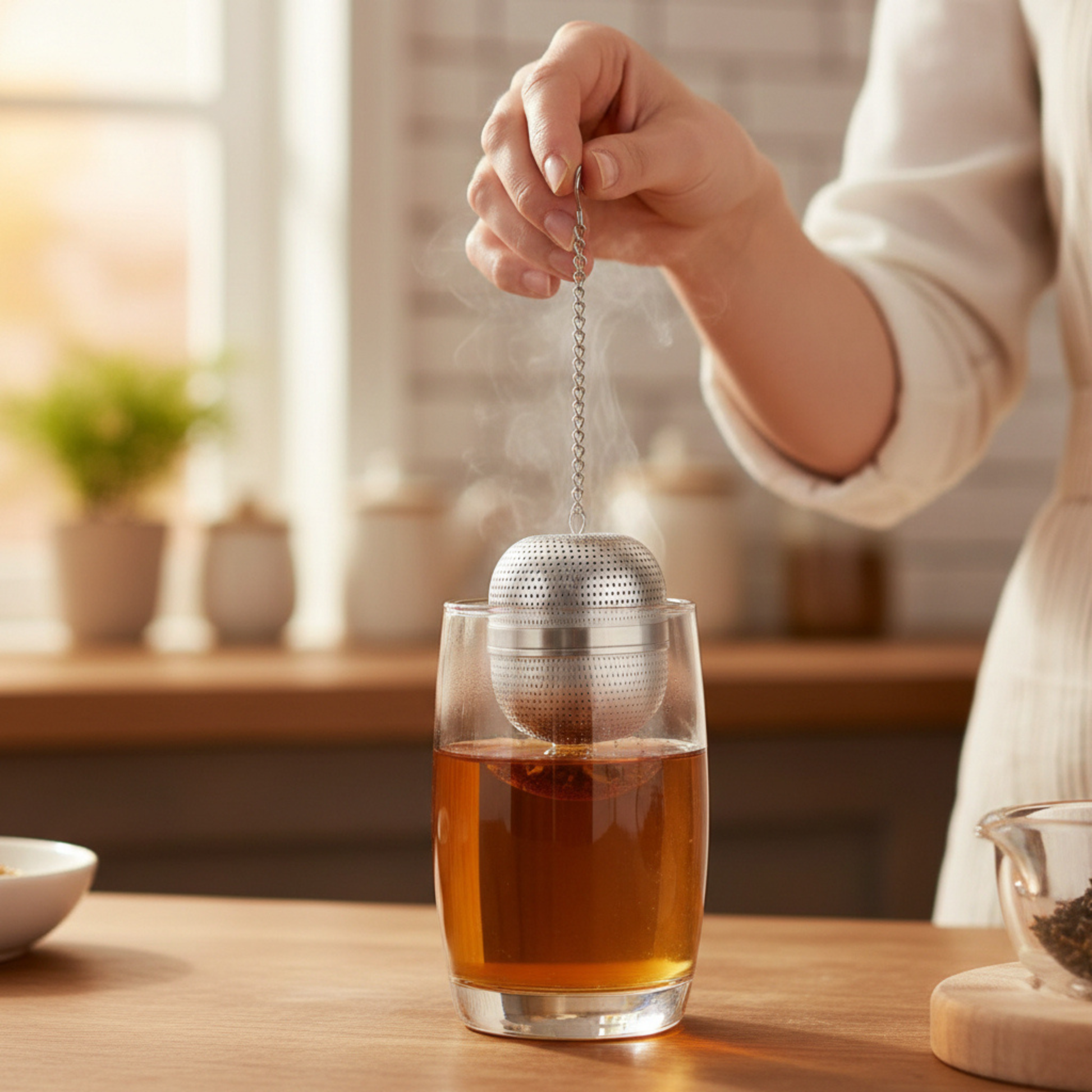 boule a the utiliser par une femme fesant du thé en cuisine