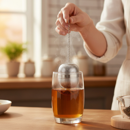 boule a the utiliser par une femme fesant du thé en cuisine