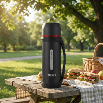 bouteille d eau isotherme noire au parc sur table pique nique