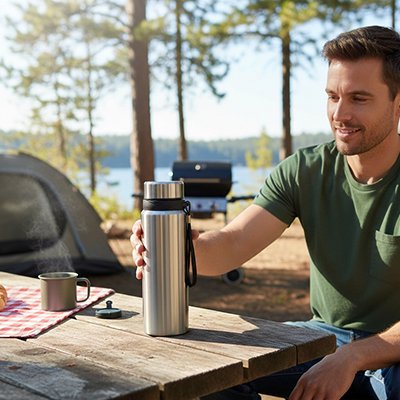 bouteille isotherme 1 litre grise sur table bois tasse tente grille a cote