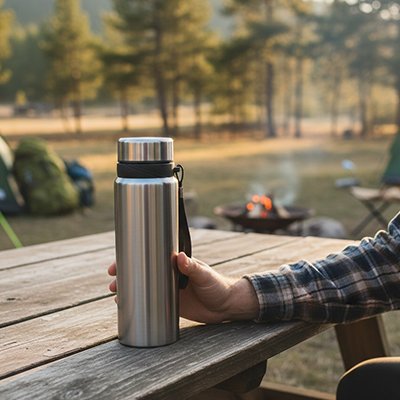 bouteille isotherme 1 litre grise sur table tenue par un randonneur