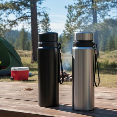 bouteille isotherme 1 litre noire et grise en randonnee sur bois