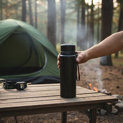 bouteille isotherme 1 litre noire tenue par homme sur table tente et fumee a cote