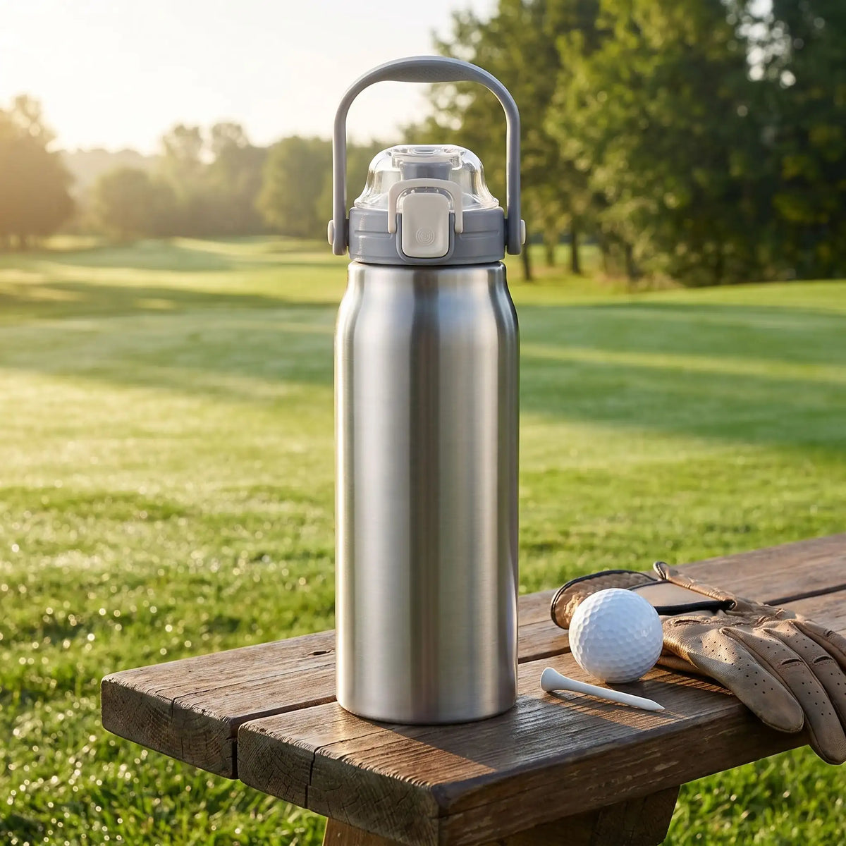 bouteille isotherme 2l grise sur banc au parc