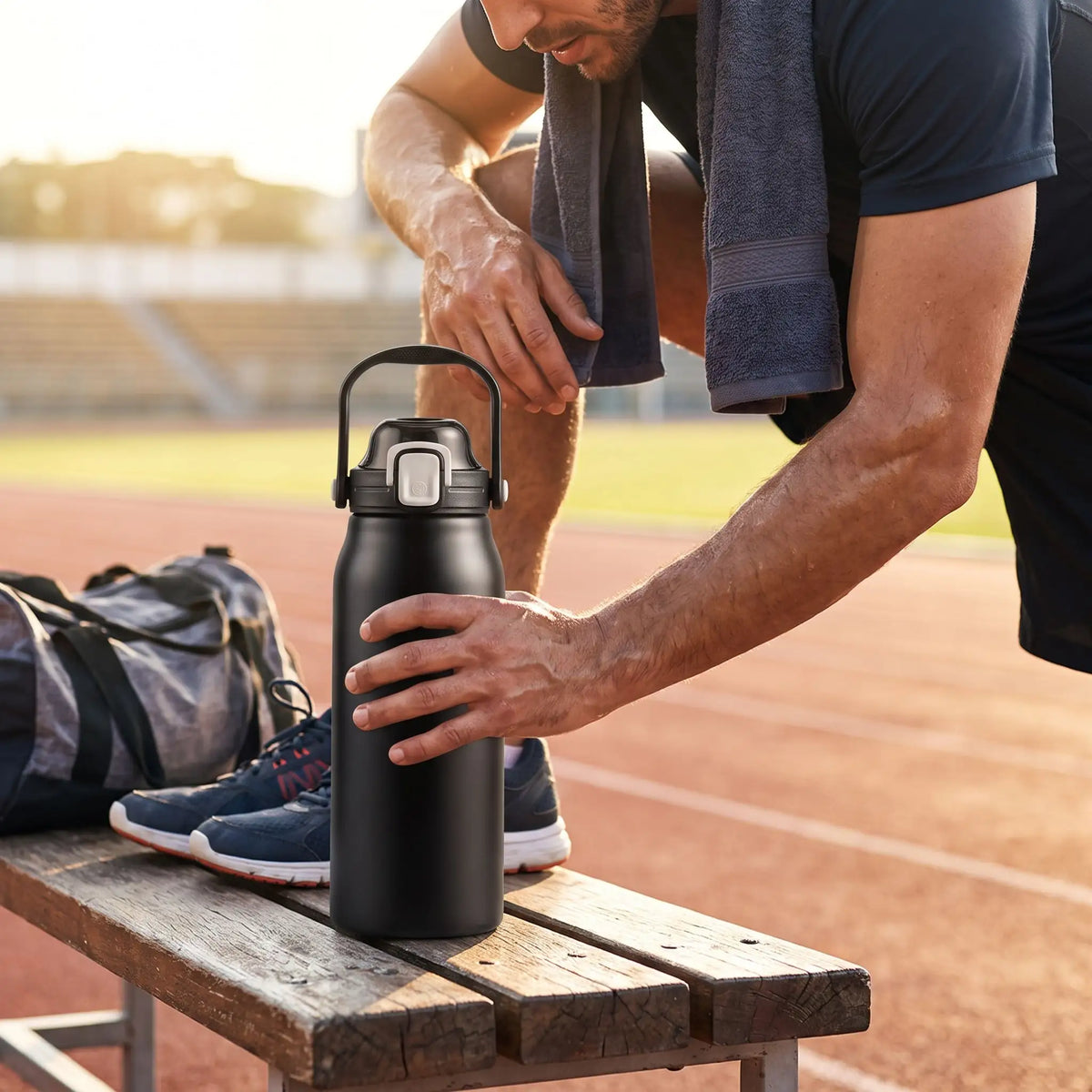 bouteille isotherme 2l noire itulise par un homme au sport