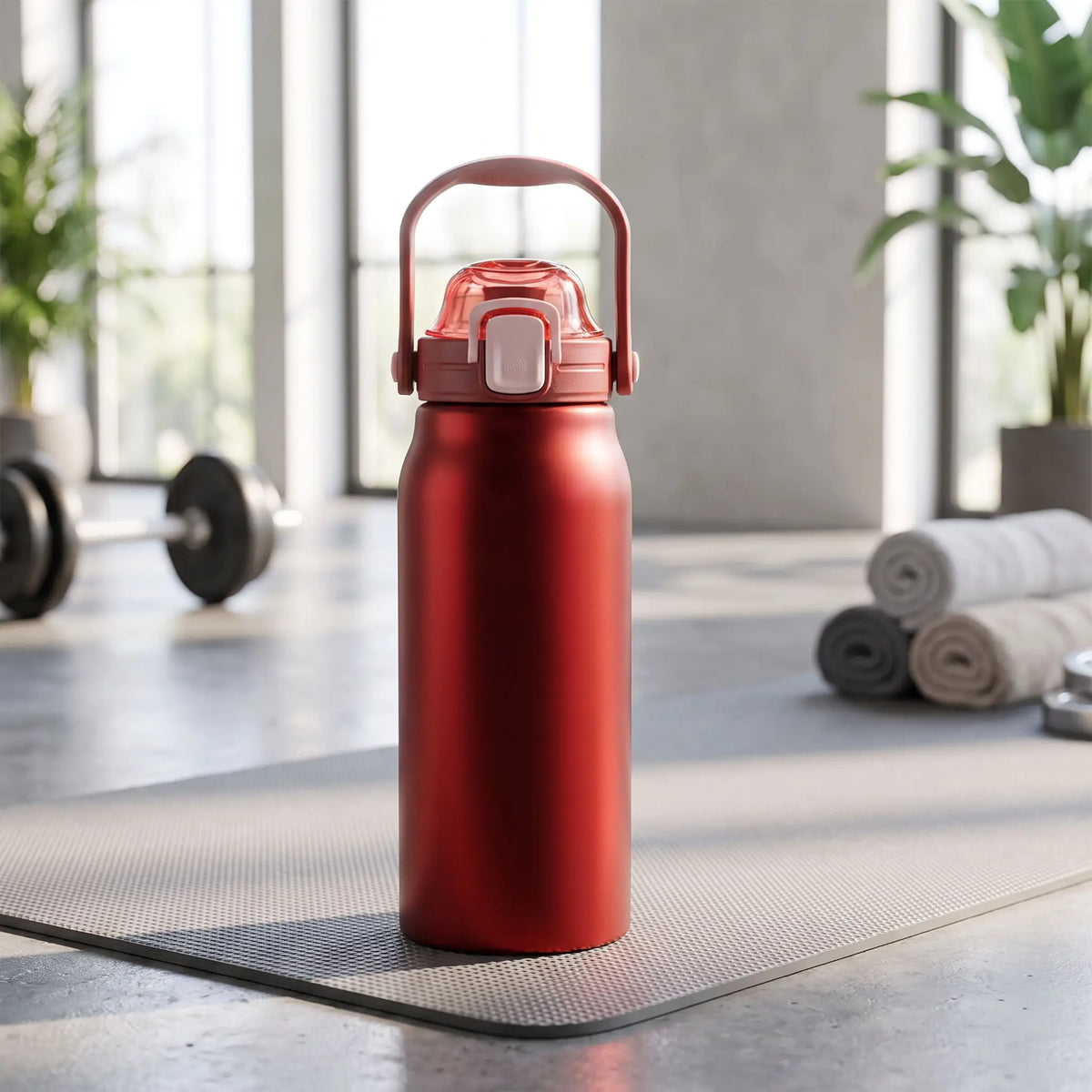 bouteille isotherme 2l rouge sur tapis yoga a la salle de sport
