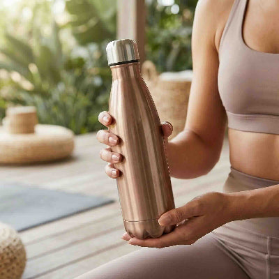 bouteille isotherme 750 ml champagne tenue par une femme au yoga