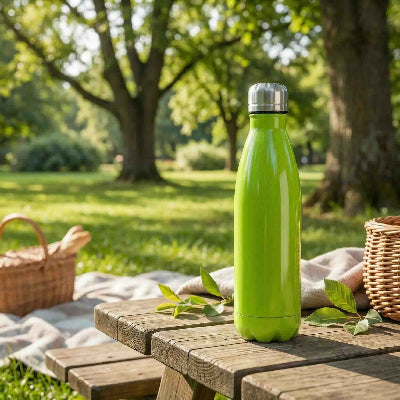 bouteille isotherme 750 ml verte sur table au parc