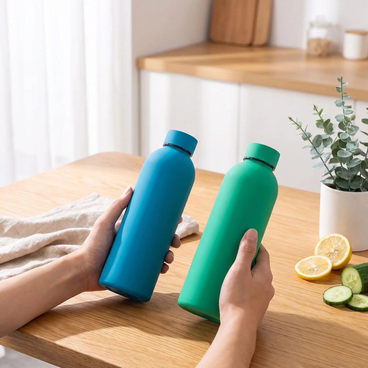 bouteille isotherme bleu et verte tenue par une personne