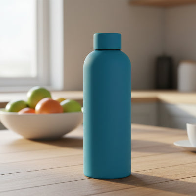 bouteille isotherme bleu sur table cuisine
