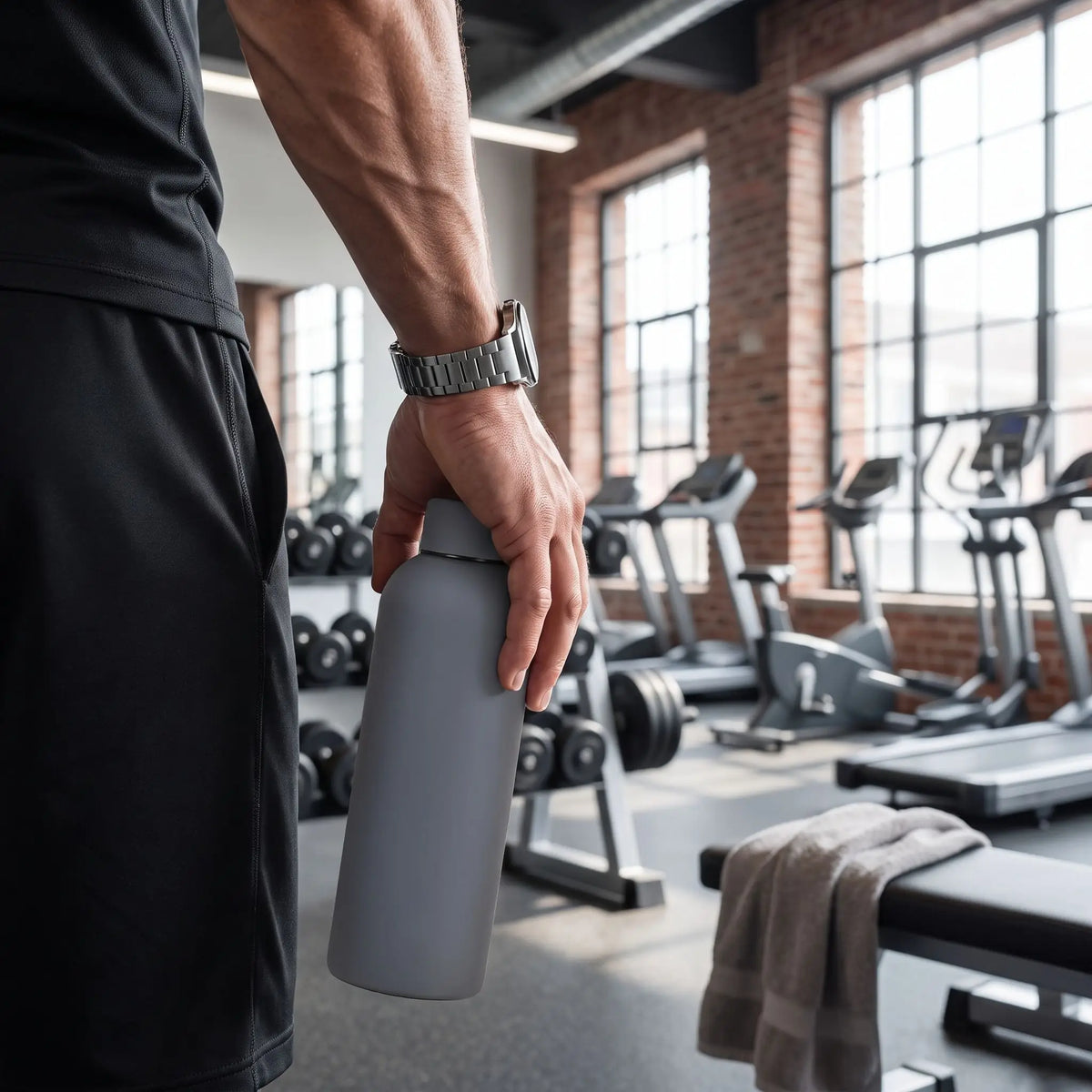 bouteille isotherme grise tenue par un homme a la salle de sport
